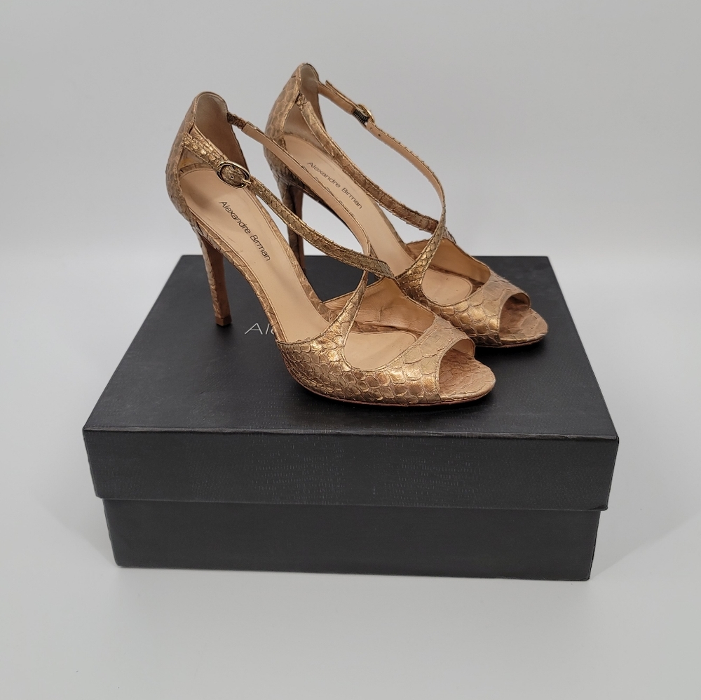 Alexandre Birman Metallic Gold Python Salto Alto Sandals Size 9
